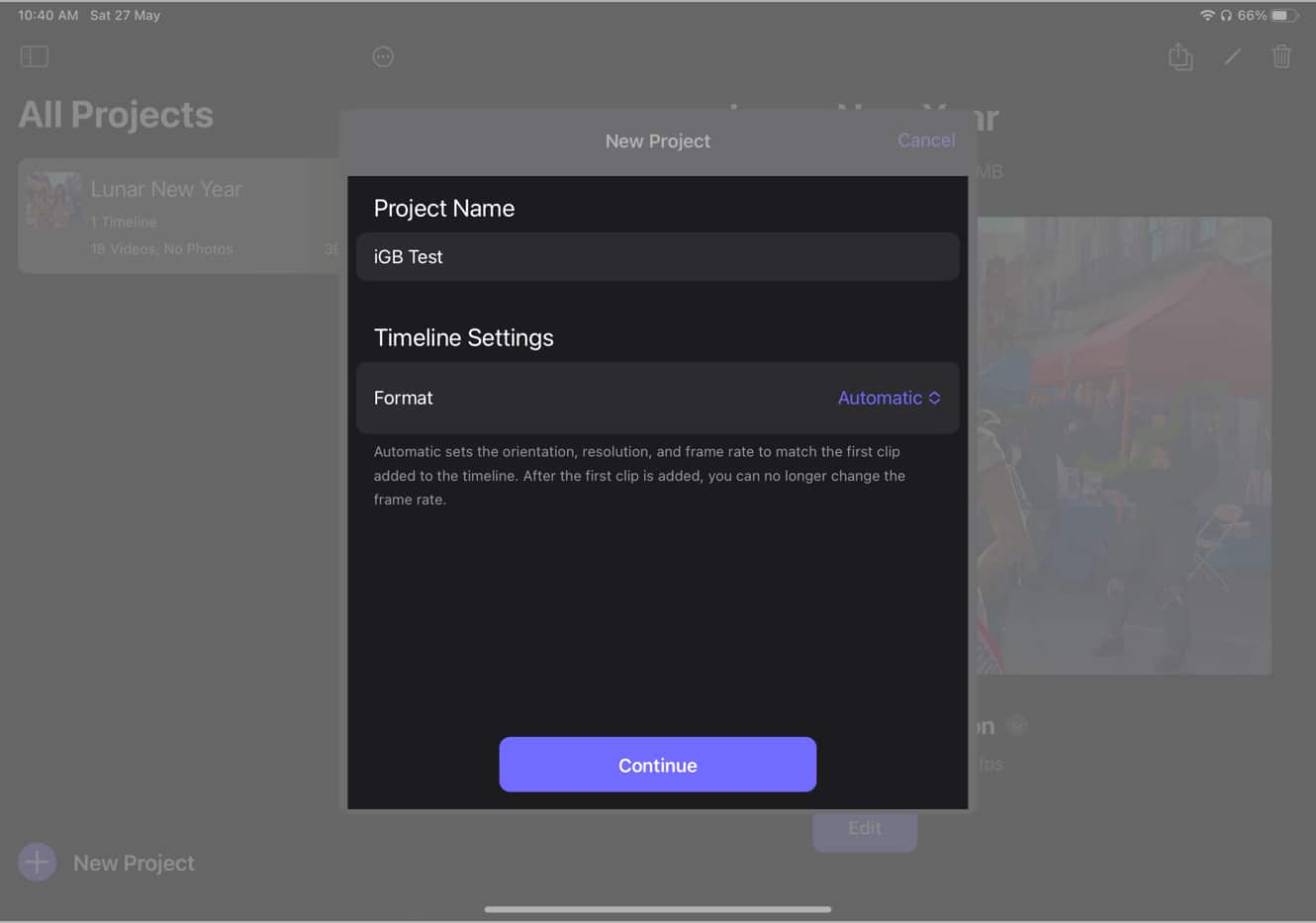 Masukkan Nama Projek anda, tetapkan Tetapan Garis Masa, dan tekan Teruskan