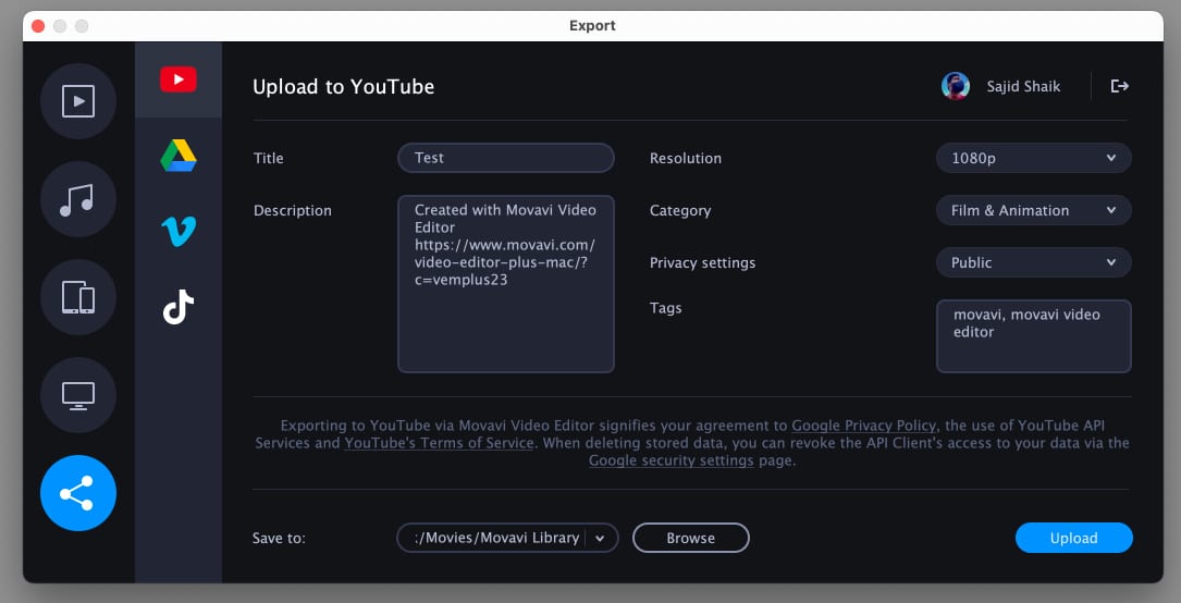 Export and Upload to YouTube and TikTok option in Movavi Video Editor