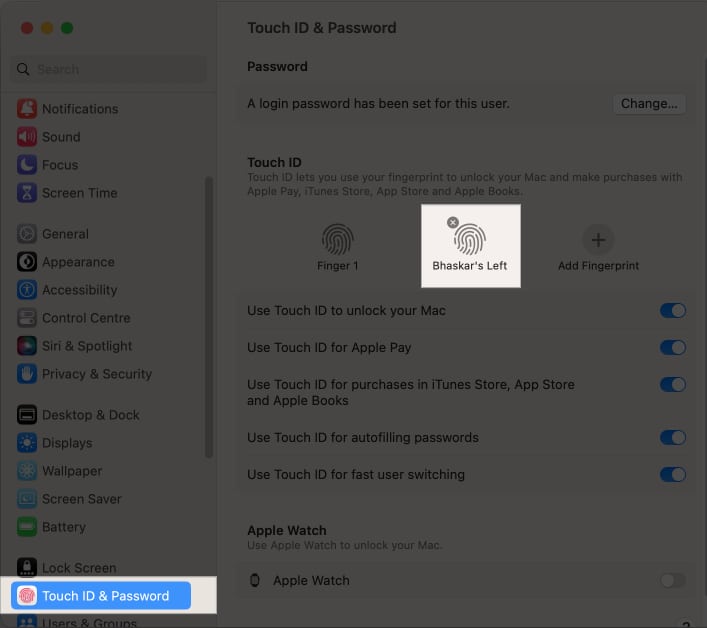 Go to Touch ID & Password and hover over the finger [name] you wish to delete