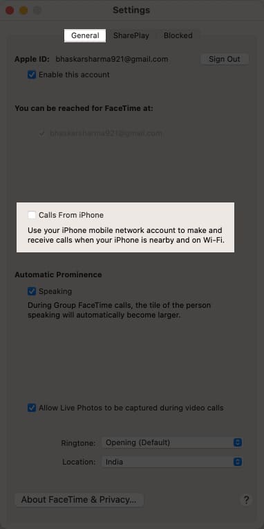 Μεταβείτε στην καρτέλα Γενικά, καταργήστε την επιλογή του πλαισίου δίπλα στην επιλογή Κλήση από το iPhone