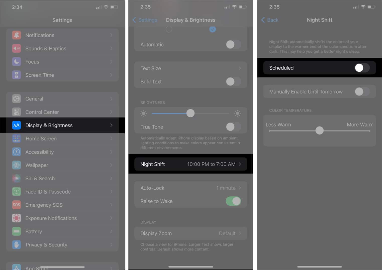 Launch the Settings app, go to Display & Brightness, tap Night Shift, and disable the button next to Scheduled.