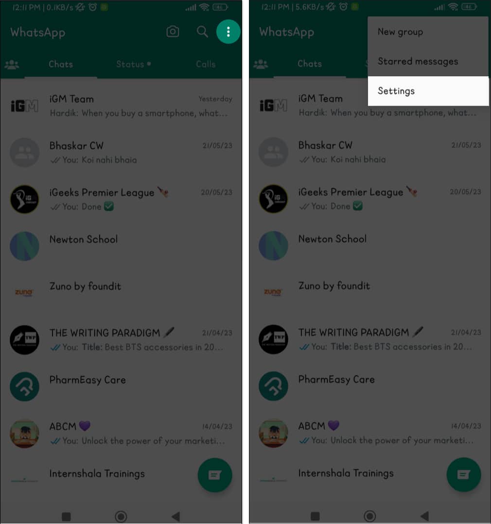 Εκκινήστε το WhatsApp στη συσκευή σας Android, πατήστε το εικονίδιο με τις τρεις κουκκίδες και επιλέξτε Ρυθμίσεις