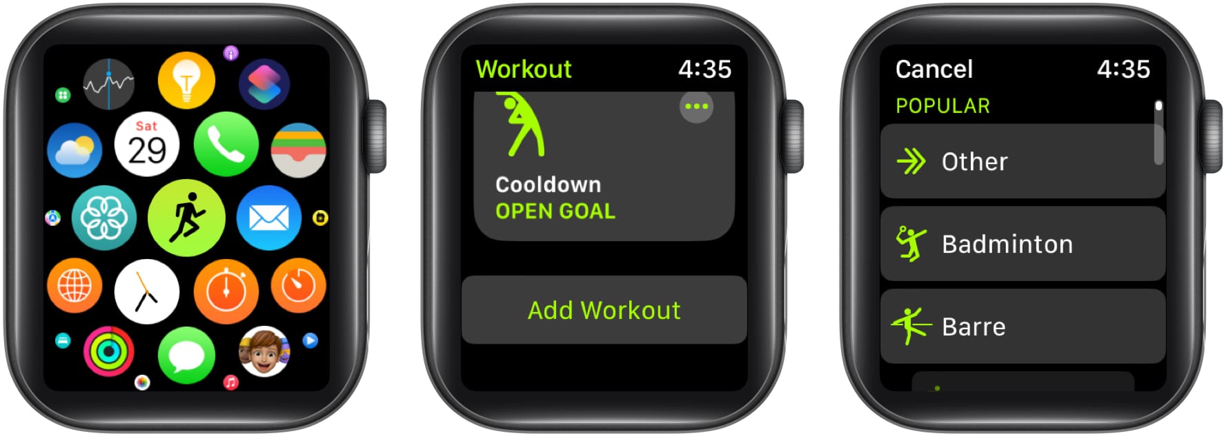Open Workout app, select Add Workout, choose a workout
