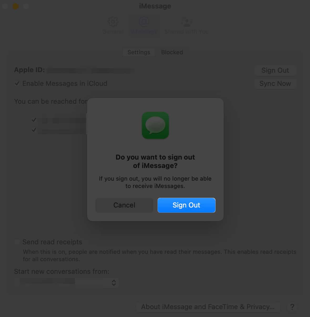 Press Sign out next to your Apple ID.