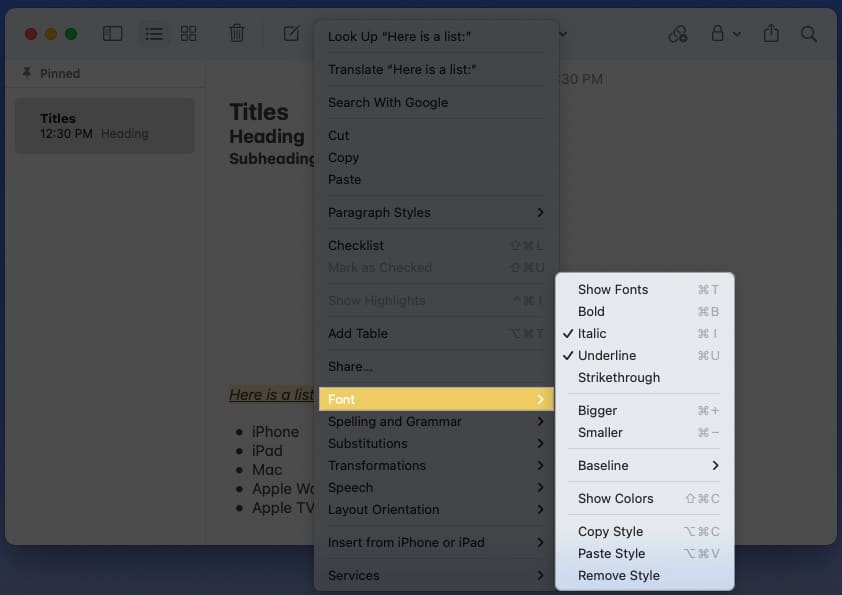 Right click the text, select font, choose a preferable style in notes