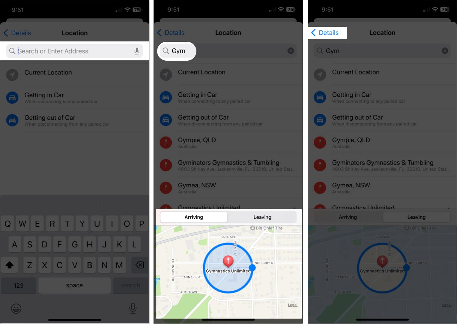 Search Location, Select Arriving or Leaving, Details in Reminders on iPhone