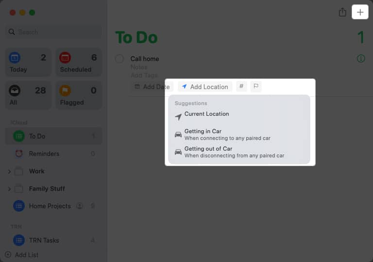 Select Add Location at the bottom of reminder on Mac