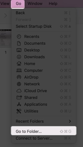 Pilih Pergi ke Folder dalam Pencari Mac