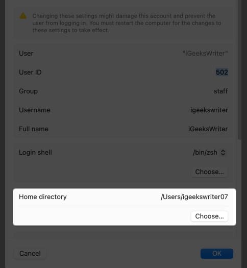 Select Home directory on Mac