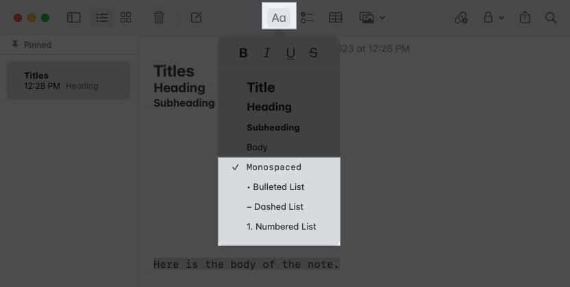 Select a format style in notes app on mac