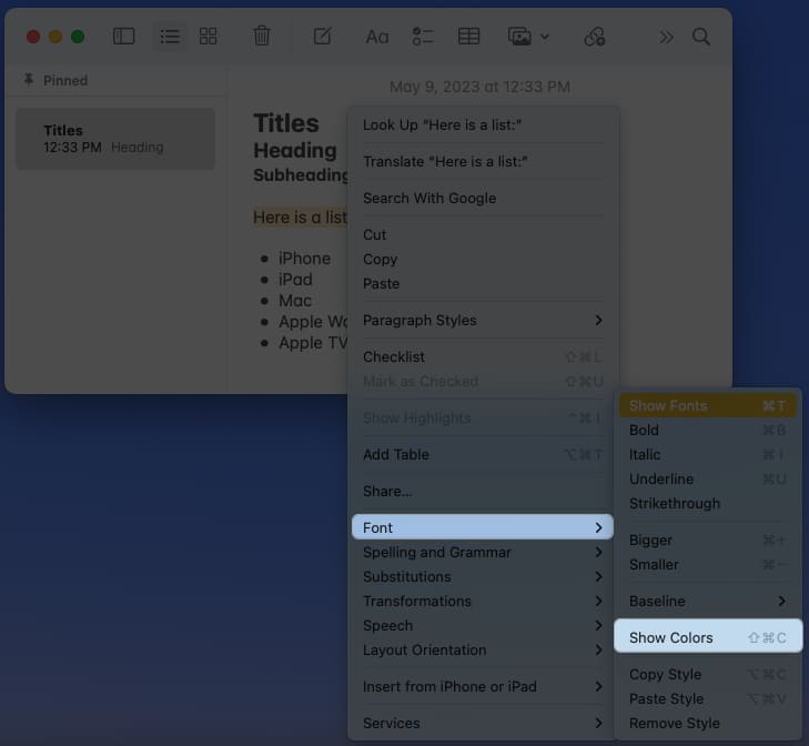 Select font, show colors option in notes app