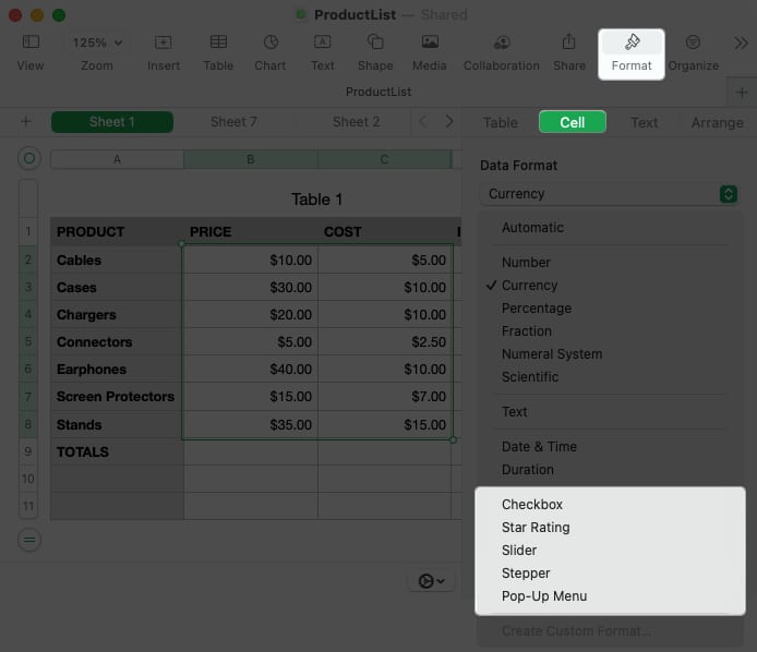 Select format, cell and choose a format in numbers