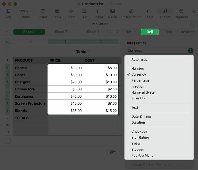 Select the table, move to cell folder, select a format in numbers