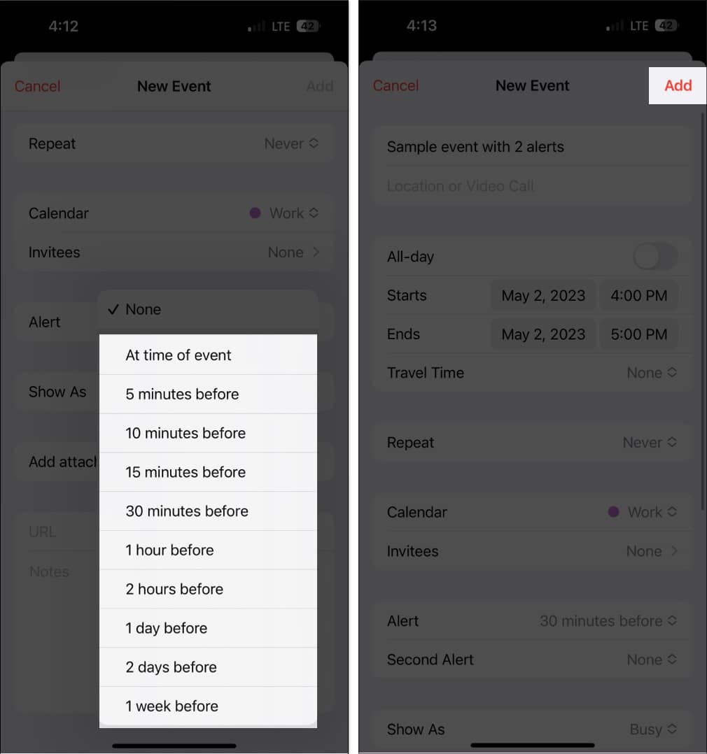 Select time frame and press Add in calendars app