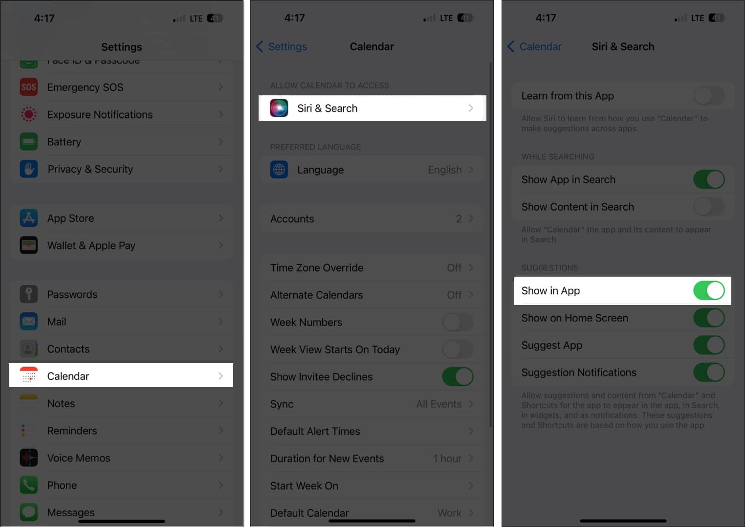 Tap Calendar, siri & search, toggle on show in app in settings