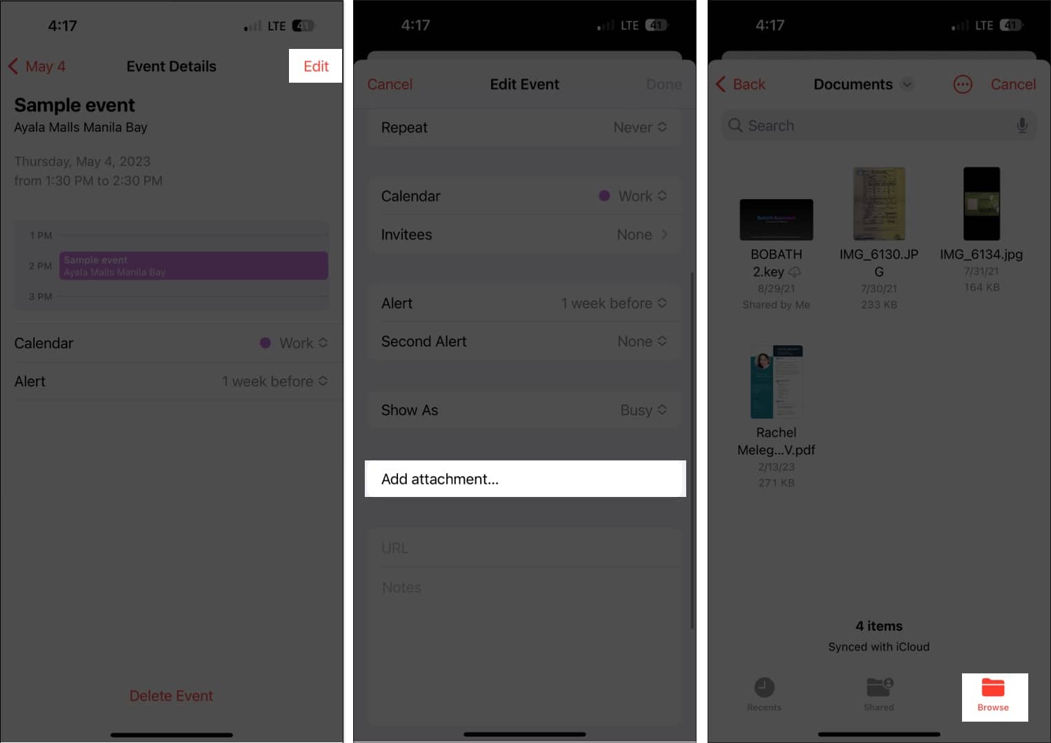 Tap edit, add attachment, access the file, in the calendars app