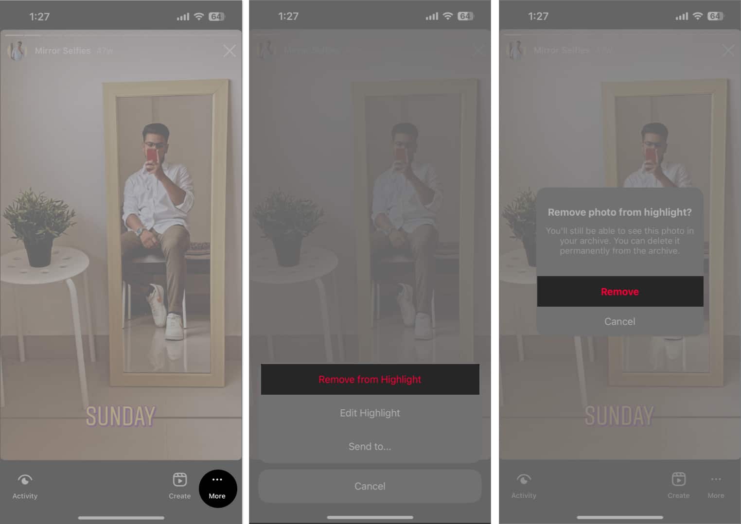 Tap more, remove from highlight, remove on instagram
