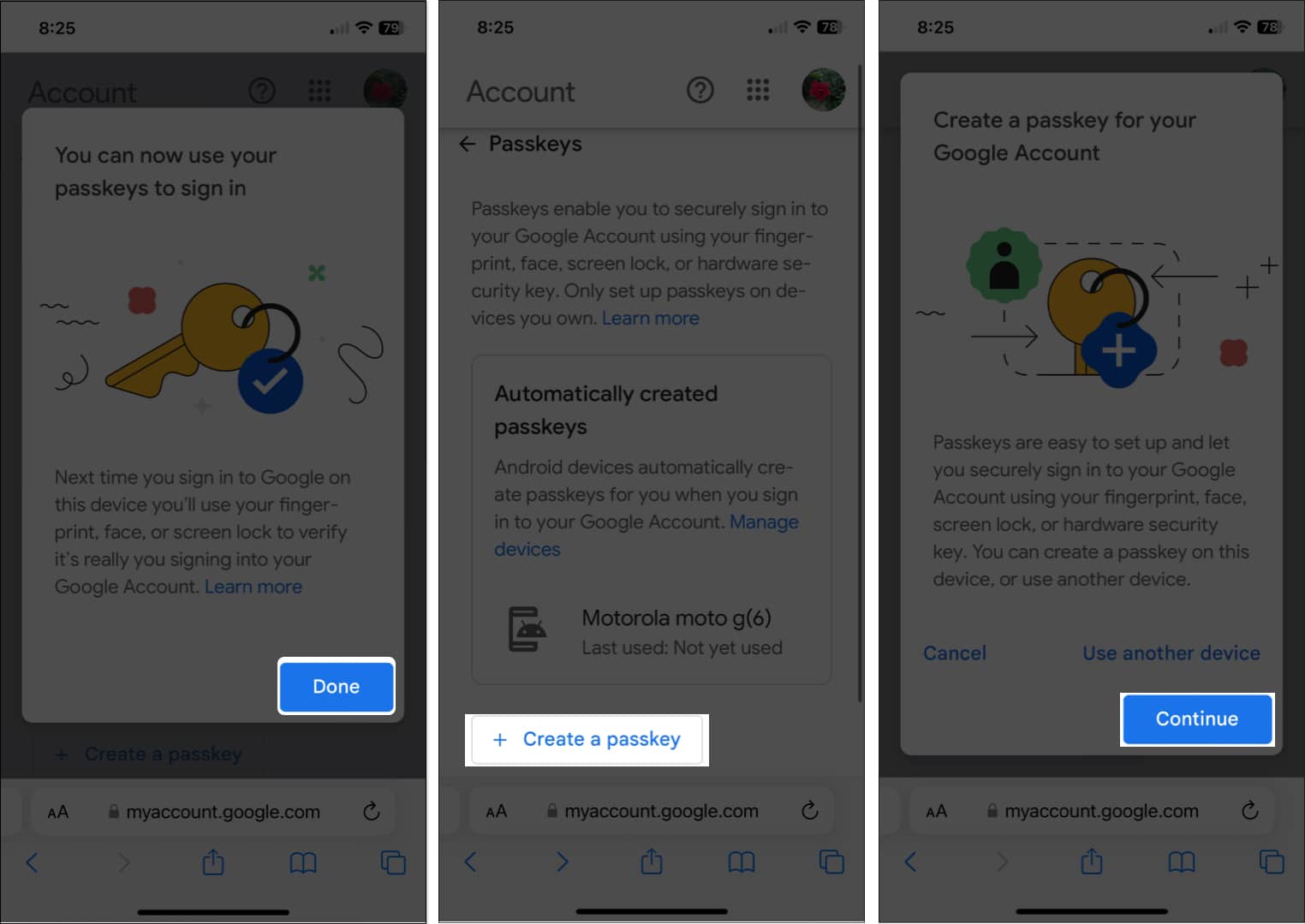 Tap on Done Create a passkey continue on iPhone