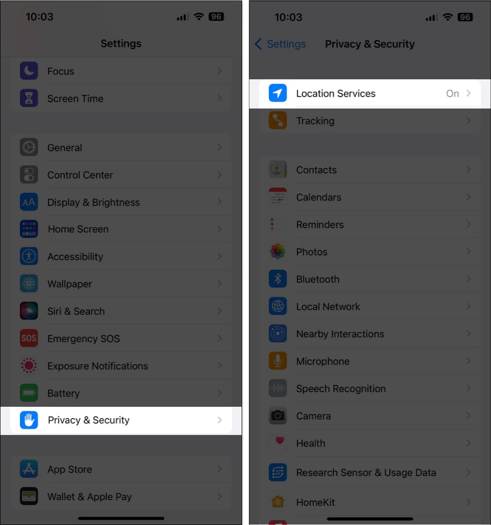 Tap on Location Services in Privacy and Security on iPhone