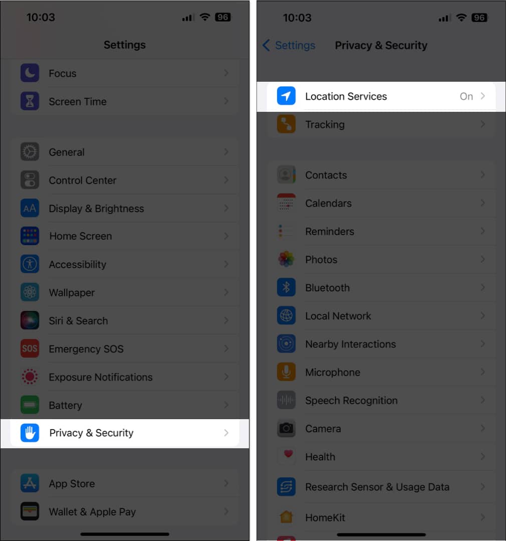 Ketik pada Perkhidmatan Lokasi dalam Privasi dan Keselamatan pada iPhone
