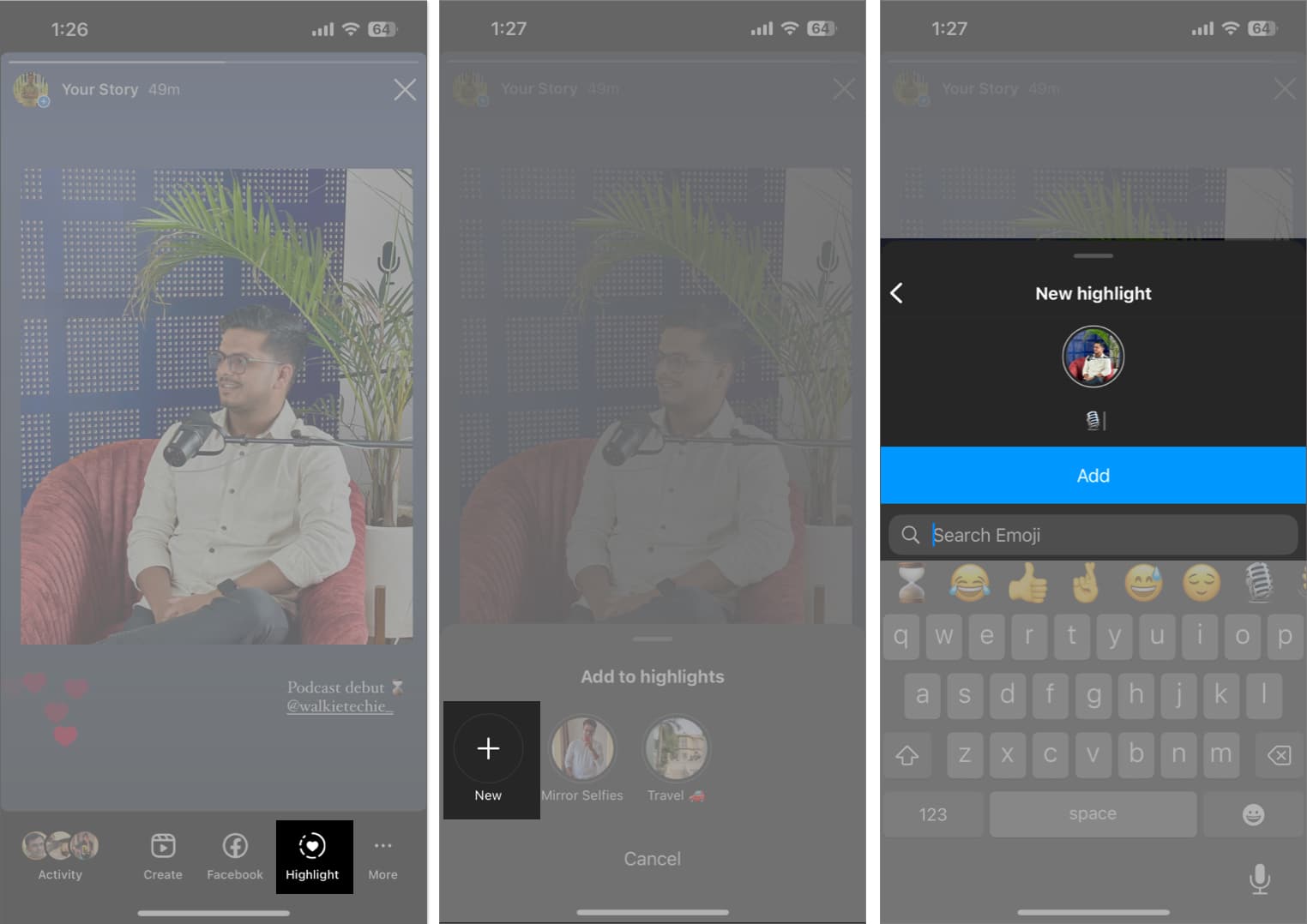 Tap story highlight, select new, add the new user on instagram