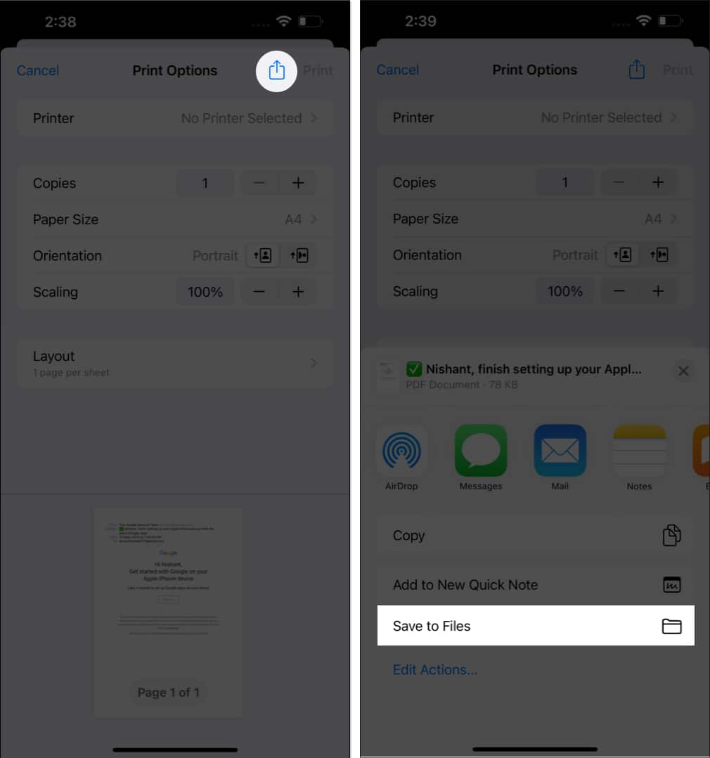 Tap the share icon and press save to files in mail app
