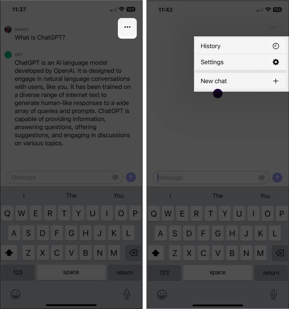 Πατήστε τις τρεις τελείες και επιλέξτε Νέα συνομιλία στην εφαρμογή ChatGPT για iOS