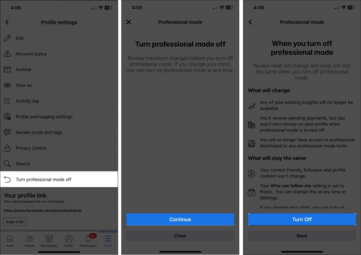 Tap turn of professional mode, continue, turn off i facebook app