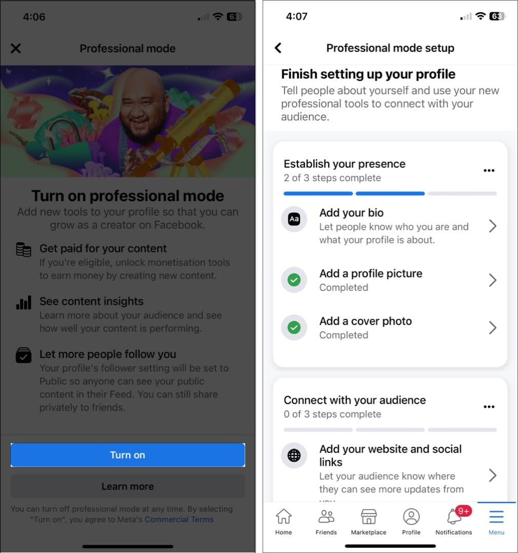 Tap turn on and add necessary information for your profile