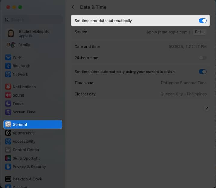 Tick set time and date automatically in System settings