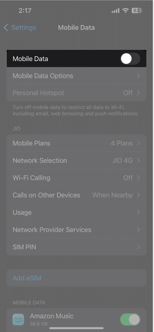 Toggle off mobile data in settings app