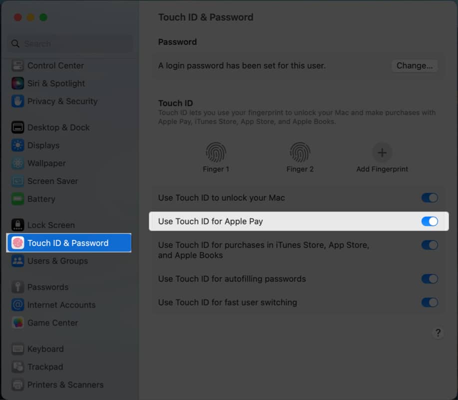Toggle on Use Touch ID for Apple Pay