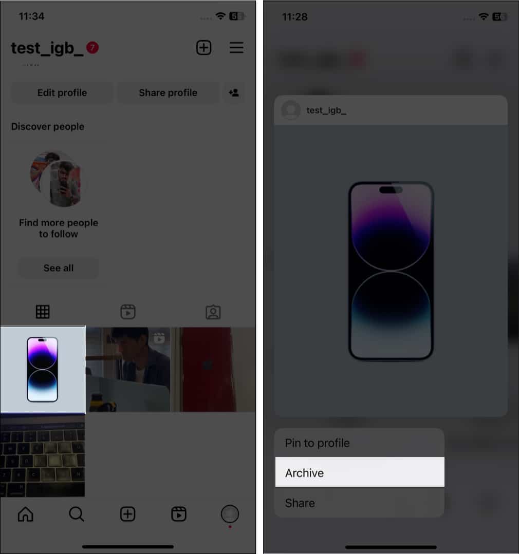 Touch and hold the post and select Archive on Instagram