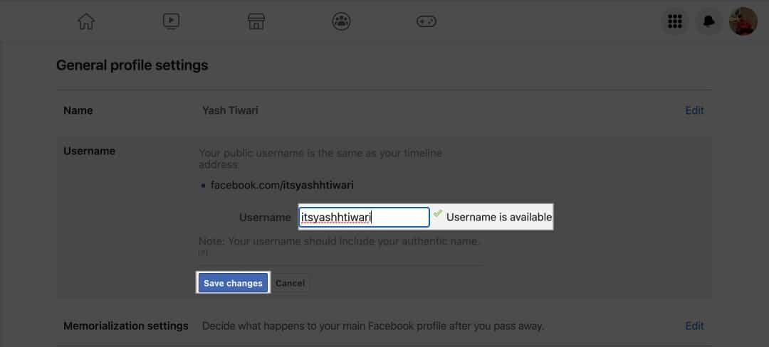 Írja be az új felhasználónevet, és nyomja meg a változtatások mentése gombot a Facebookon