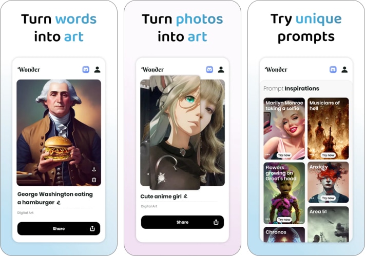 Best AI art generator apps for iPhone in 2024 Wonder AI art generator iPhone app screenshot