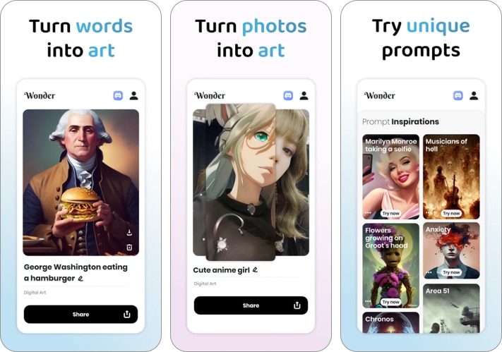 Wonder AI art generator iPhone app screenshot