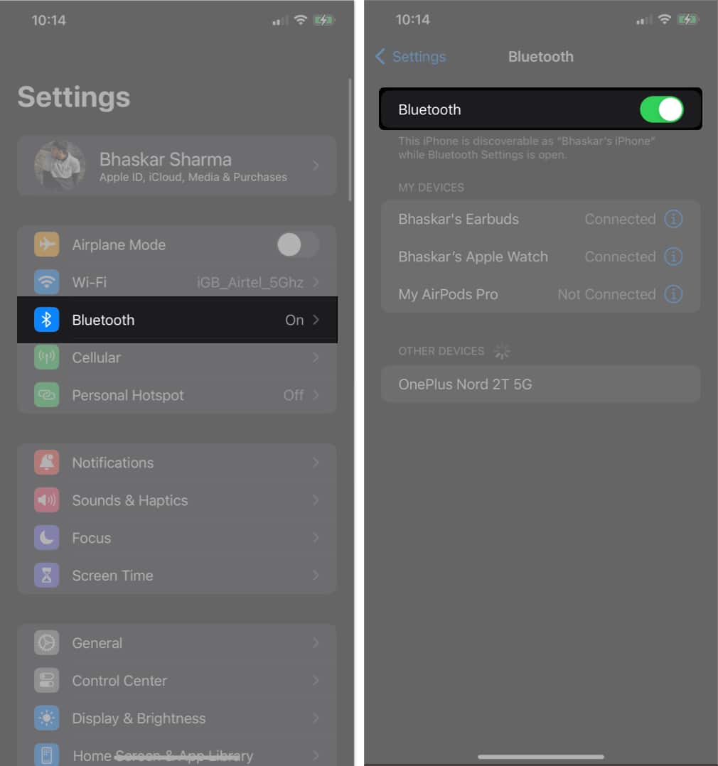 Activate Bluetooth from Settings app