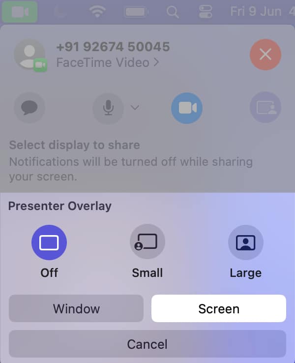 Choose whether to share a specific Window or your entire Screen, and set Presenter Overlay for Small and Large