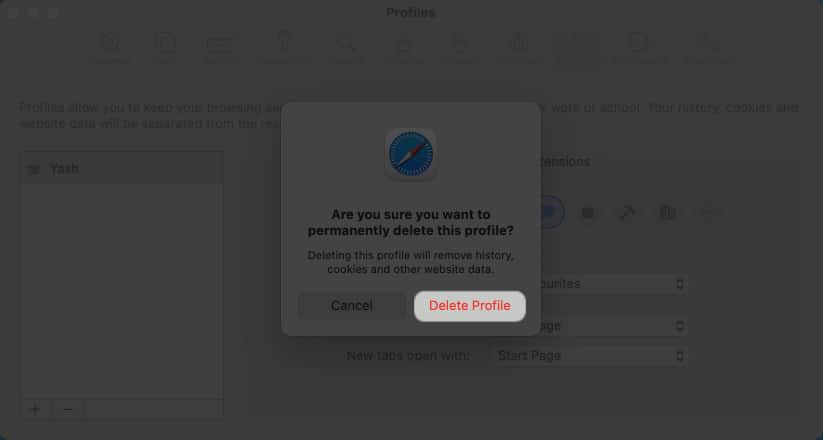 Click Delete profile in Safari settings