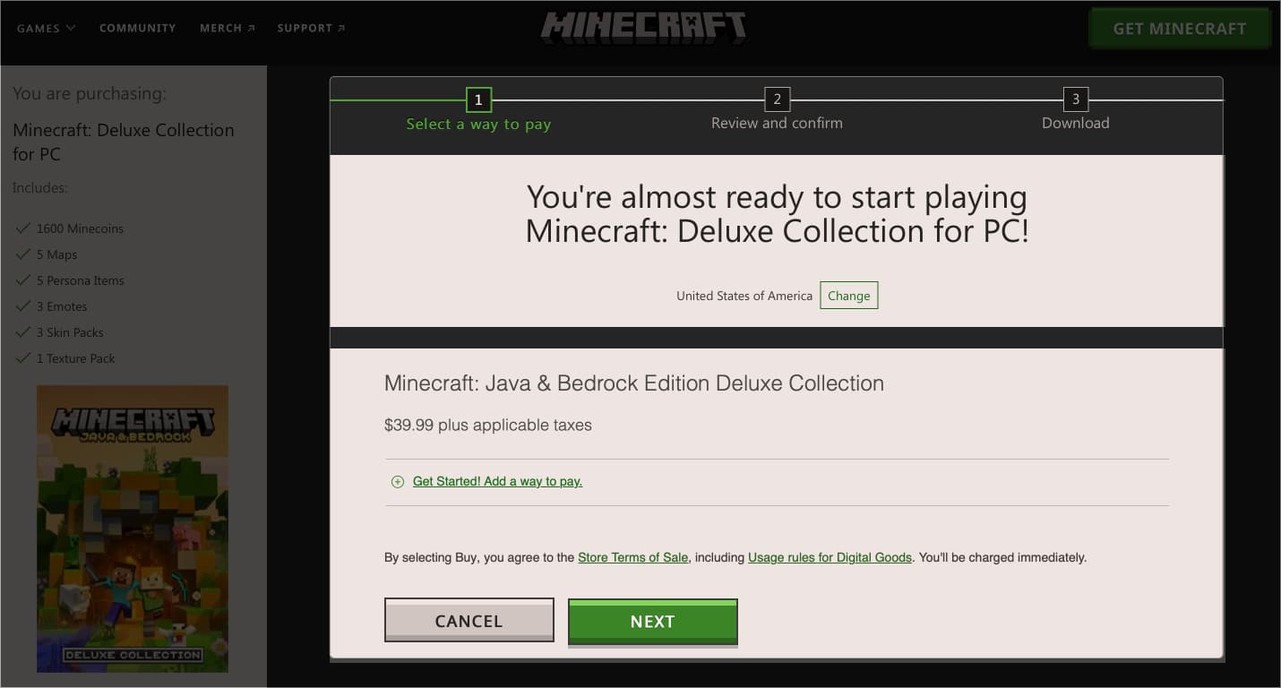 Click Get Started, Add a way to pay, Choose preferred payment method in Minecraft