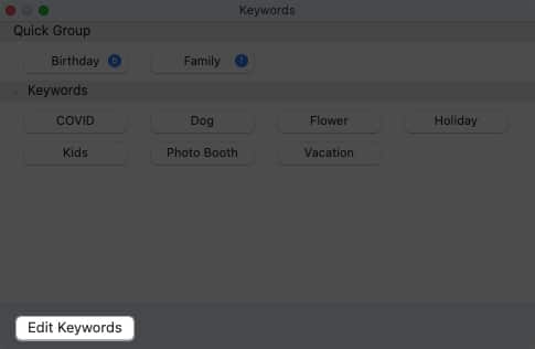 Click edit keywords in photos