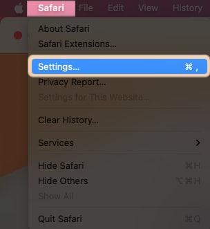 Click safari from menu bar, settings