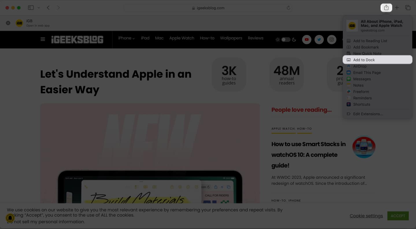 Click the share icon, add to dock in safari app
