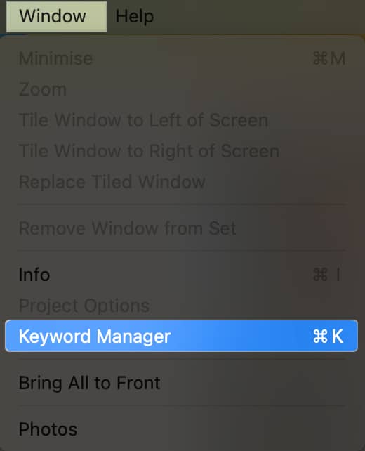 Click window, keyword manager in photos from menu bar