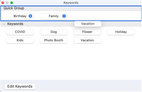 Drag and drop keywords in quick group in photos