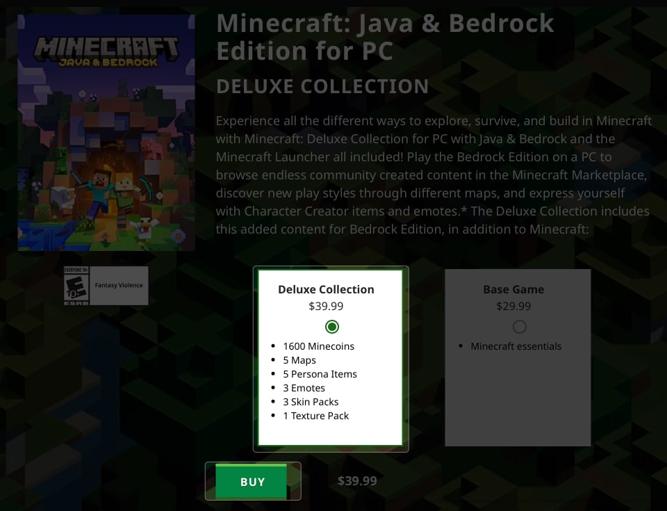 Select Deluxe Collection, Tap BUY in Minecraft