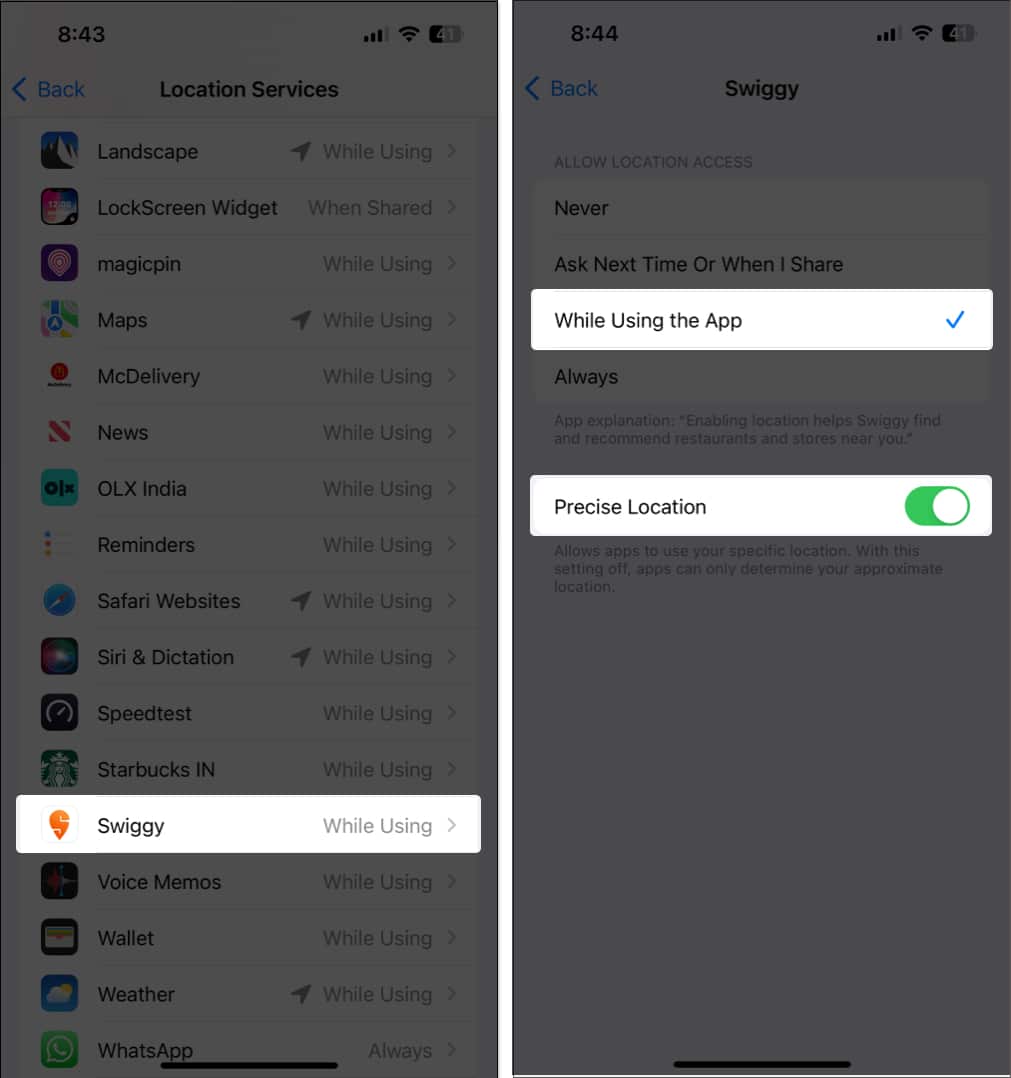 Select app that is facing issue and then ensure While Using The App is selected