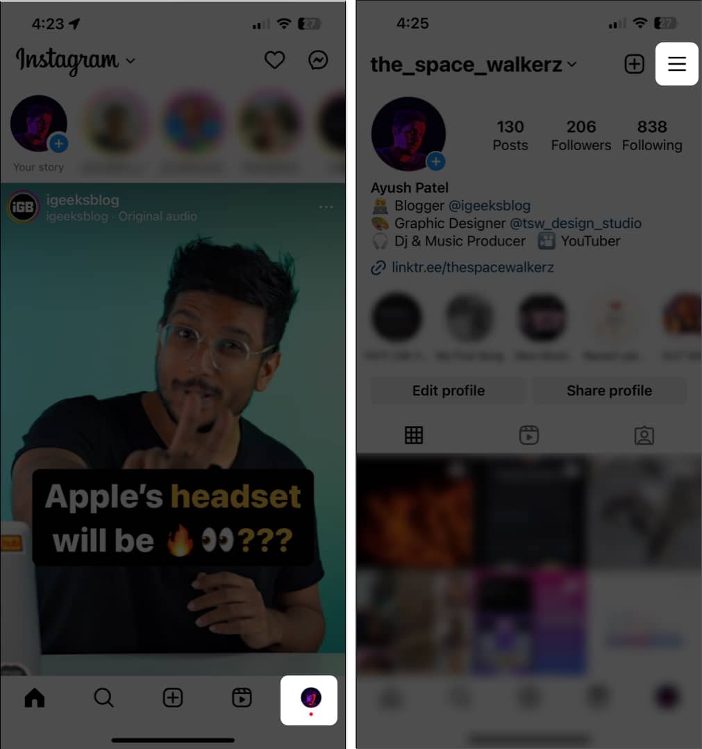 Select the hamburger menu from the top right on Instagram Profile