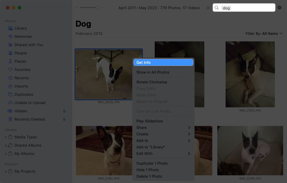 Select the image click get info in photos