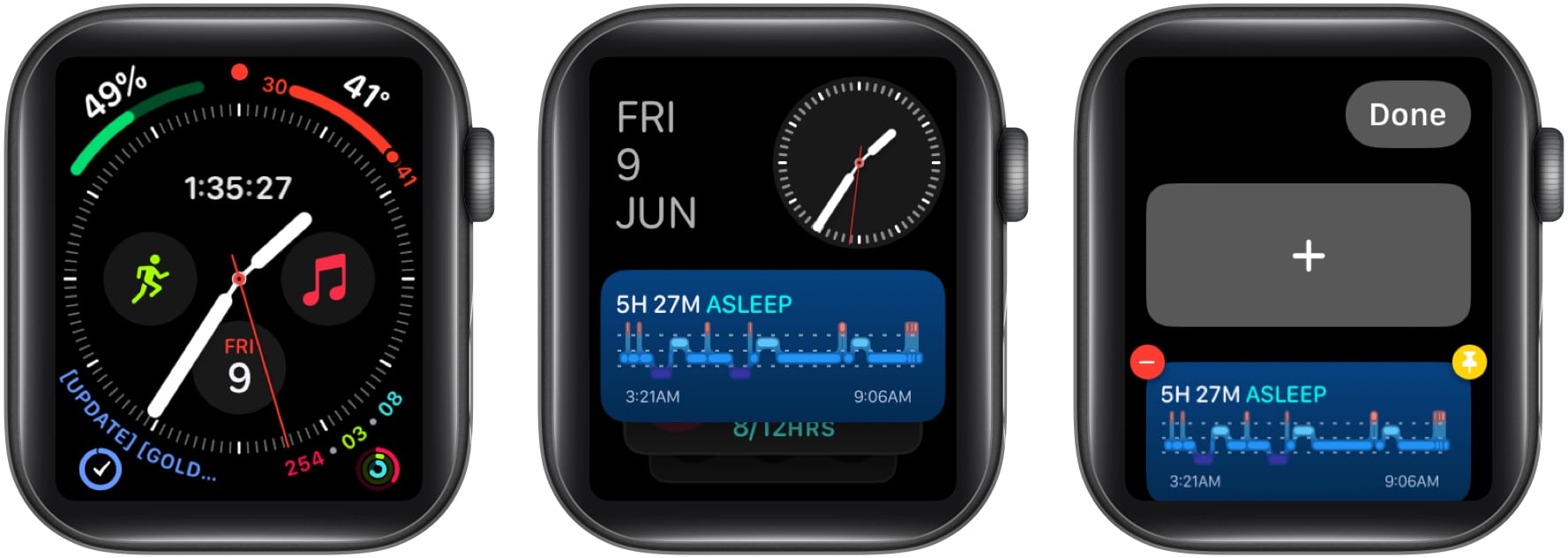 Swipe up on the watch face, Long-press any widget, Tap the Plus (+) button